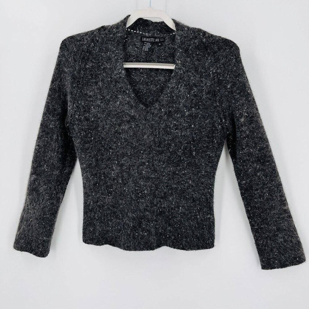Layfayette 148 V Neck Sweater Size M Wool Cashmere Blend Long Sleeve Gray Marled